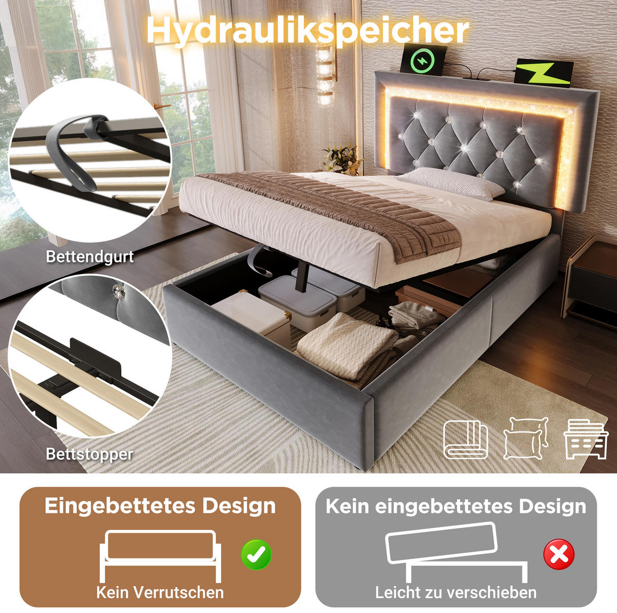 SAMT-POLSTERBETT 90/200 cm mit LED-Beleuchtung, Bettkasten und gepolstertem Kopfteil - Grau, Textil (90/200cm) - BEAOK