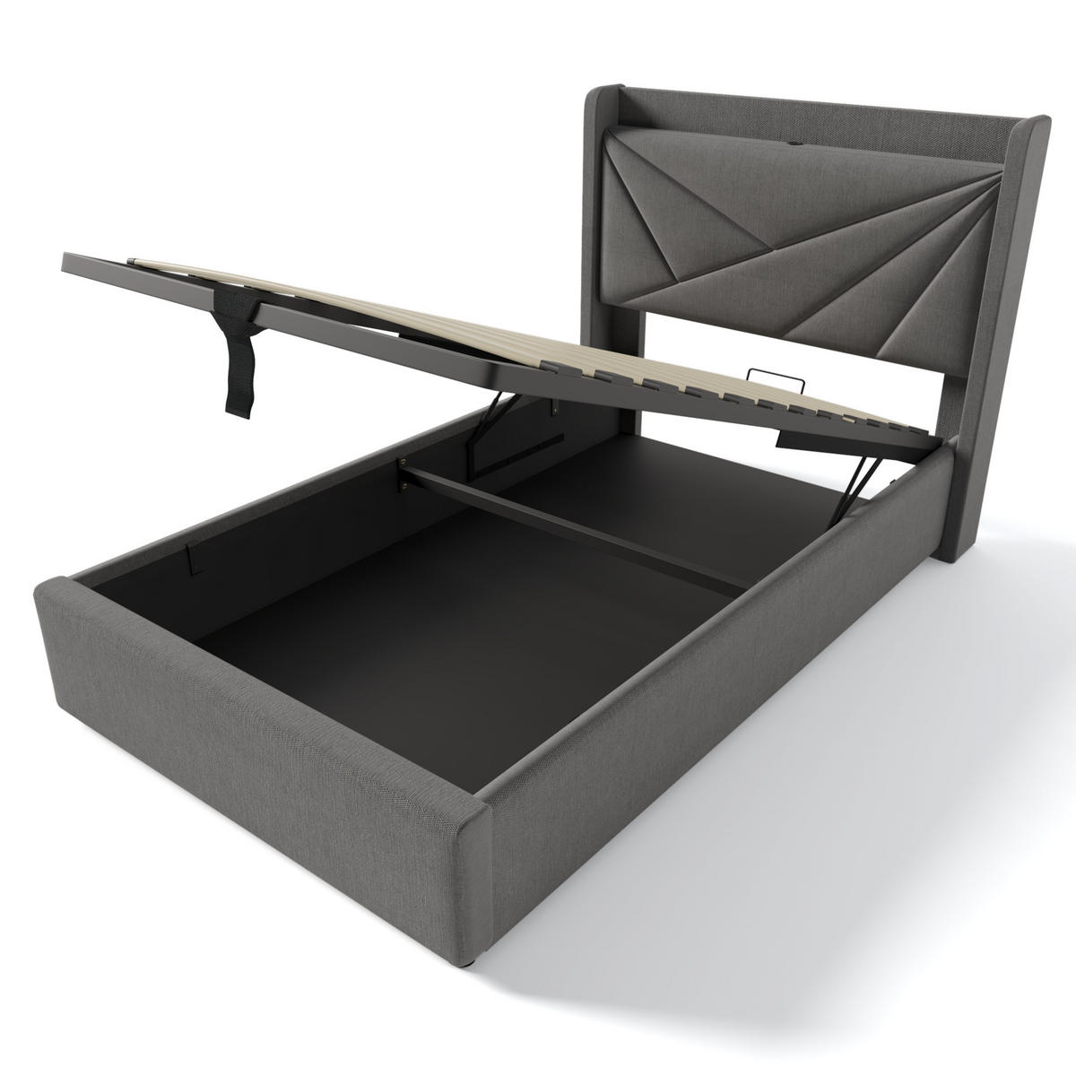 POLSTERBETT aus Baumwollleinen 90x200 cm Grau mit Bettkasten, USB- und USB-C-Anschluss - Grau, Textil (90/200cm) - IVMEU