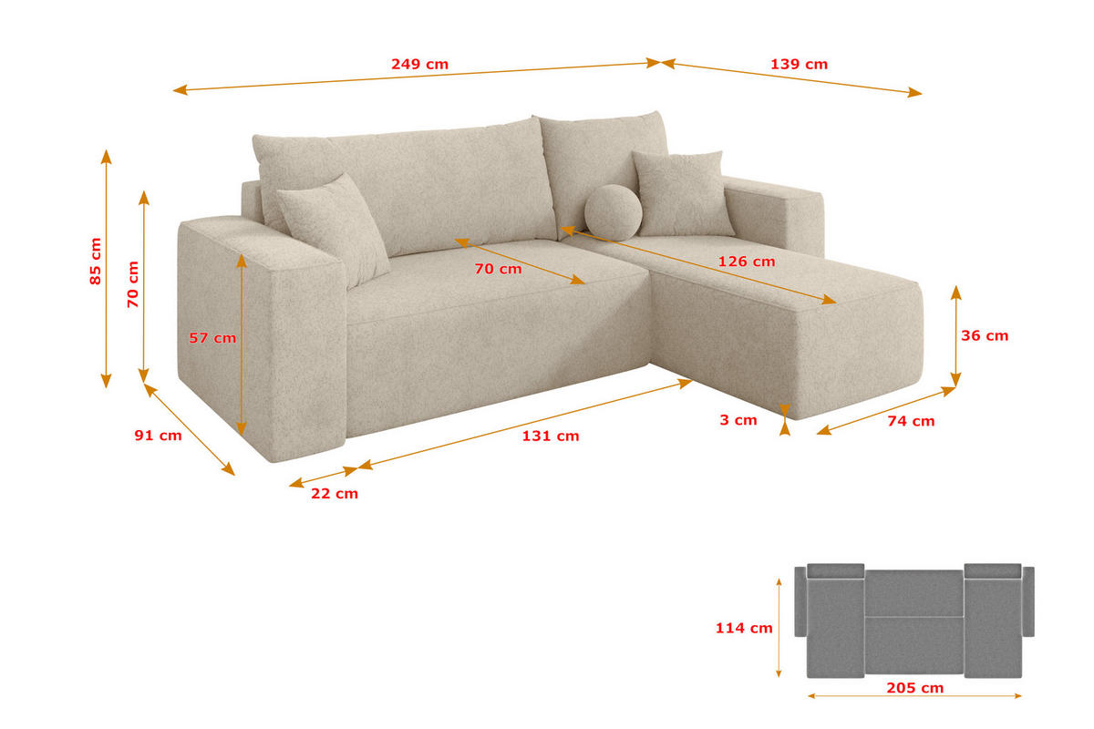 ROHOVÁ SEDAČKA s funkcí spaní, otoman vpravo SENO-L 249x139x85 krémová velur - černá/krémová, kompozitní dřevo/textil (249/139cm) - ALTDECOR