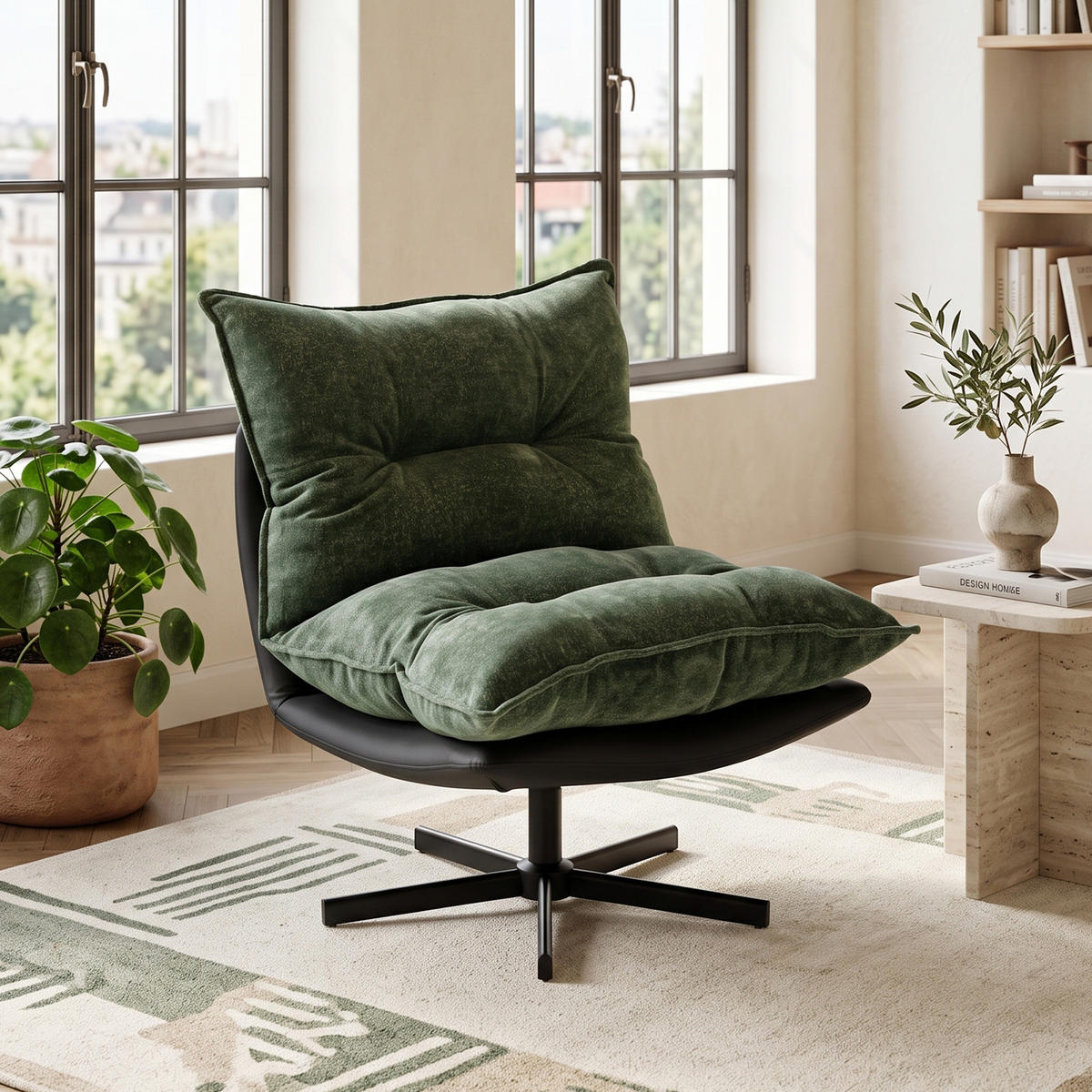 SESSEL Drehbar Relaxsessel 3-Stufen Lehne Memory Foam - Dunkelgrün, Textil (81/60/106cm) - Urban Meuble
