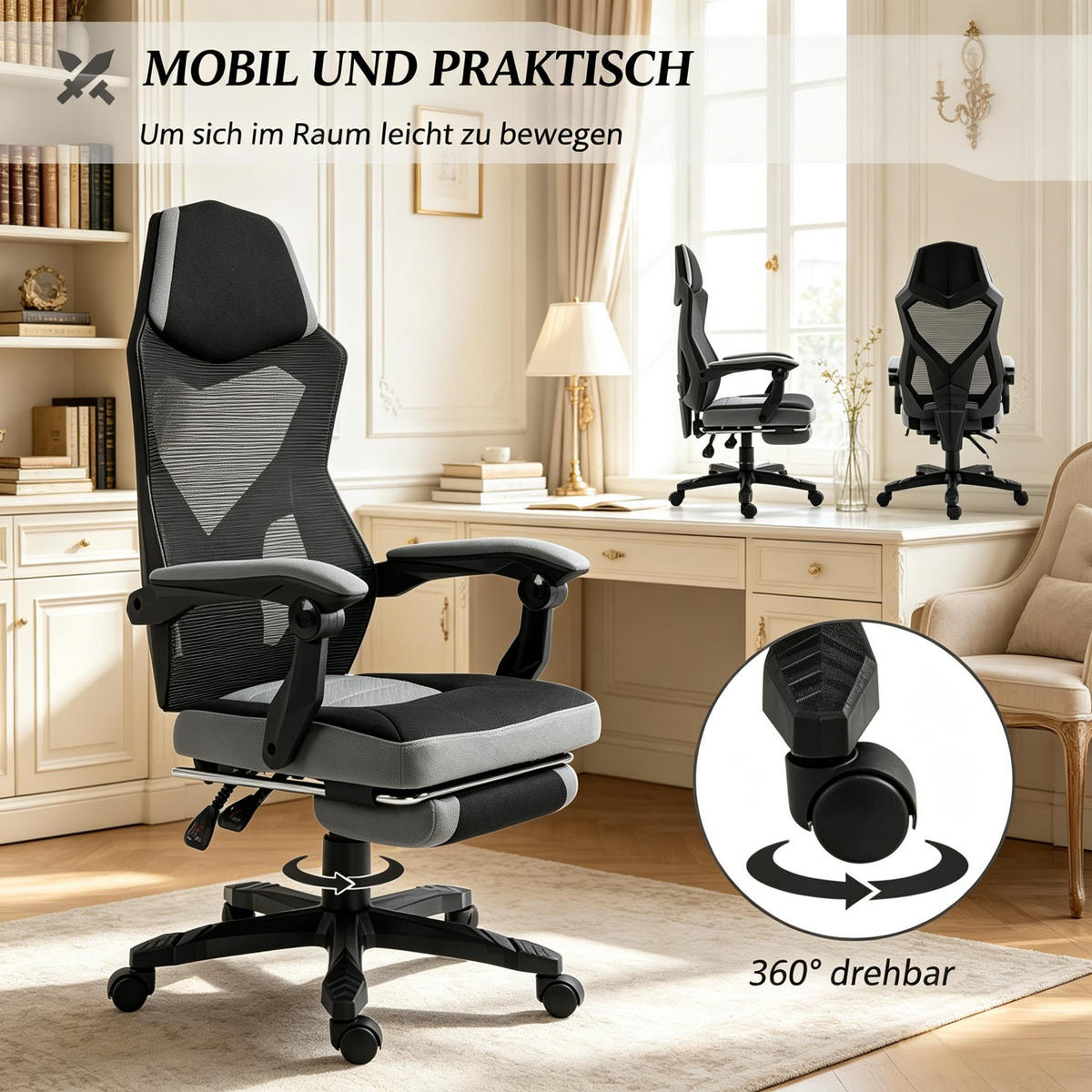 DREHSTUHL ergonomischer Gaming Bürostuhl mit Fußstütze bis 120 kg - Schwarz, Textil (58/112/63cm) - Gisaae