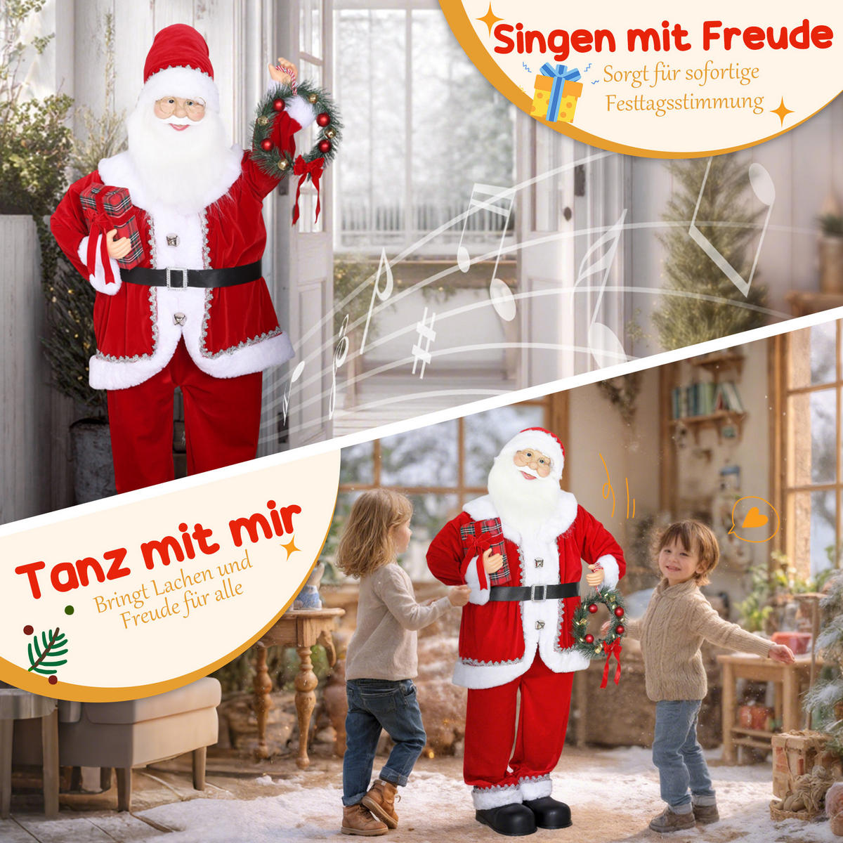 WEIHNACHTSMANN, Weihnachts-Dekoration, mit Geschenk & Weihnachtskranz, Rot - Rot, Textil (25/120/50cm) - HOMCOM