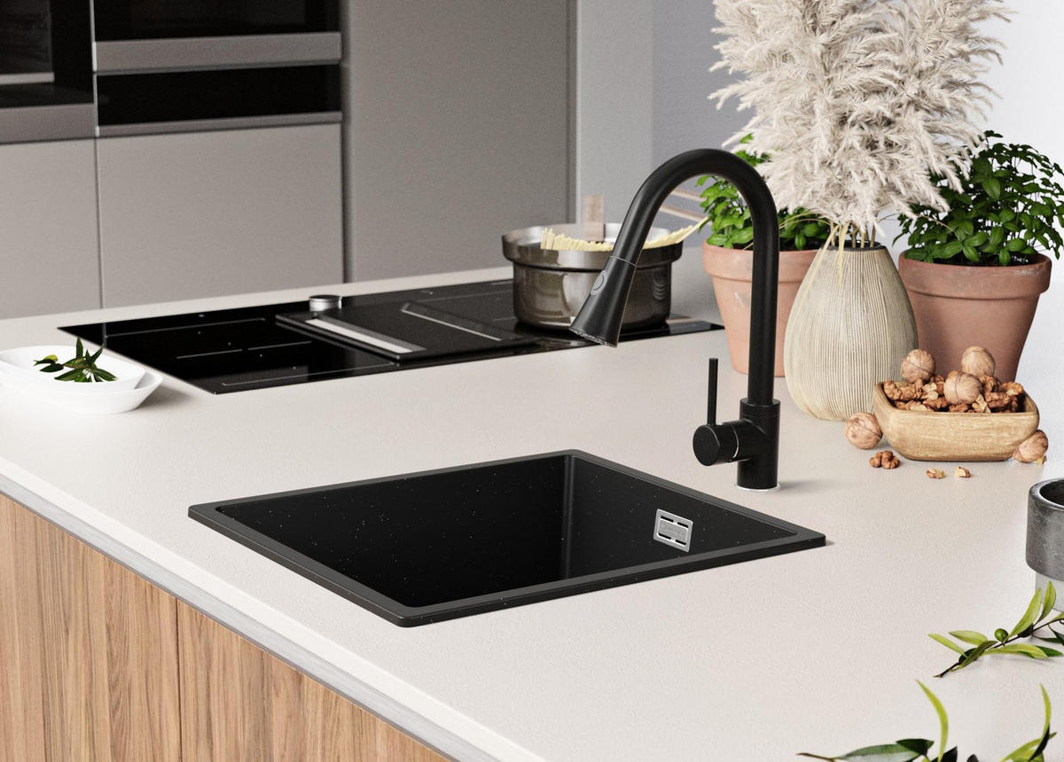 SPÜLBECKEN London Slim, 2-er set Schwarz Metallic 41/47 cm 1 Becken + Ablauf-Set ab 45er Unterschrank - Chromfarben/Schwarz Hochglanz, Kunststoff (41/20/47cm) - Primagran