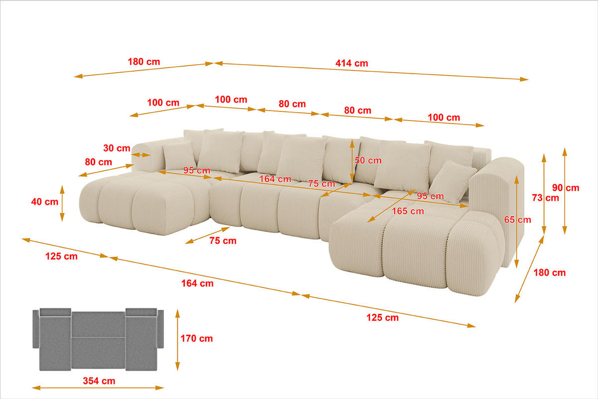 WOHNLANDSCHAFT Ottomane Links CLOUD-U-v1 414x180x40 Beige Cord - Beige, Holzwerkstoff/Kunststoff (414/90/180cm) - ALTDECOR