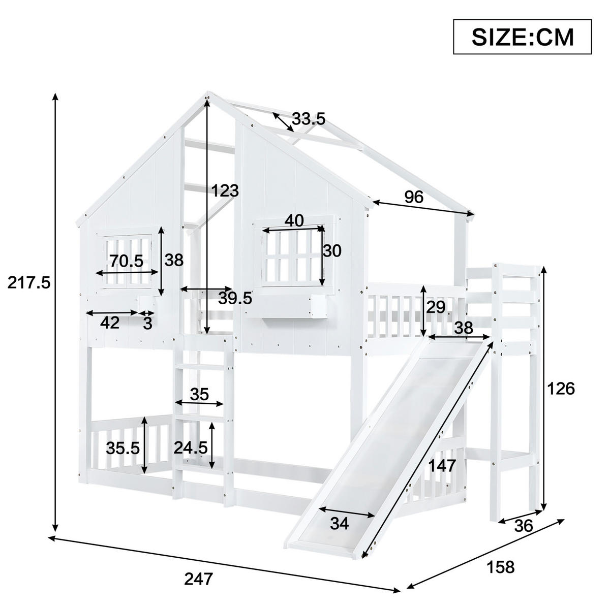 PATROVÁ postel 90 x 200 cm bílá z masivního dřeva a MDF se skluzavkou, střechou a okny - bílá, dřevo (90/200cm) - OKWISH