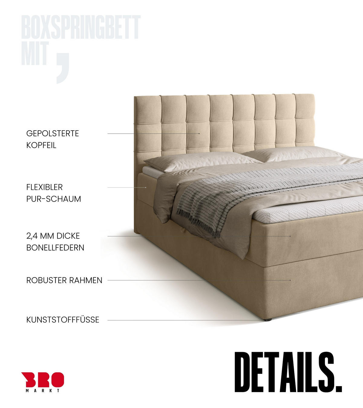 BOXBETT Detroit mit Topper 160/200 Beige - Beige, Holzwerkstoff/Textil (160/200cm) - Bromarkt