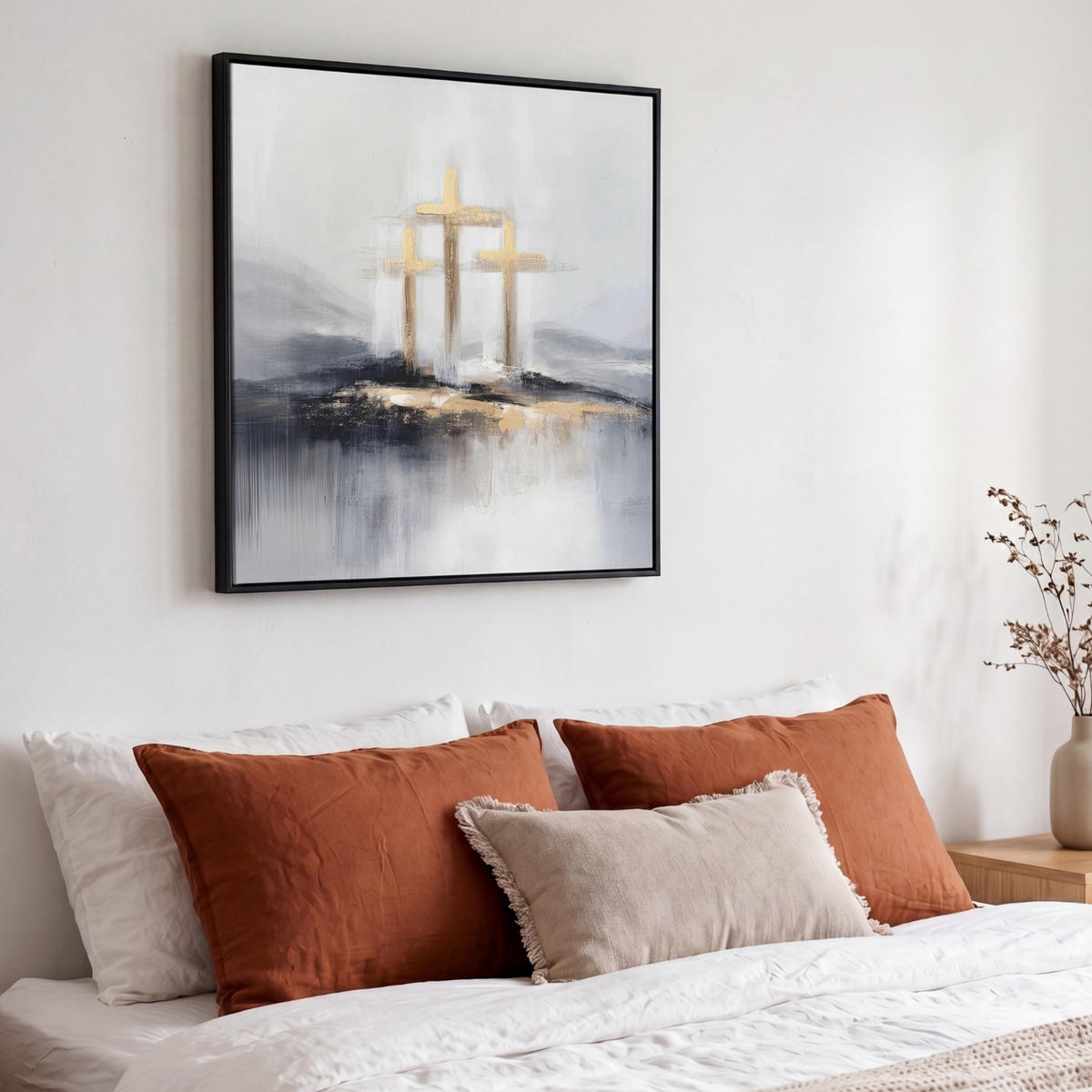 LEINWAND Bilder mit Rahmen - Abstrakt - Malerei - Christentum - Kreuz - 50x50 - Weiß, Textil (50/50cm) - MuchoWow
