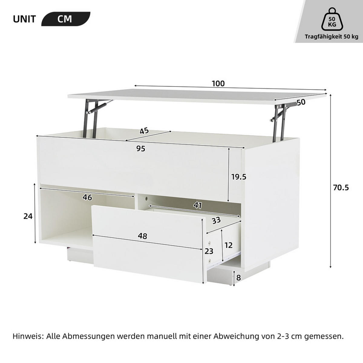 COUCHTISCH 100x50cm Hochglanz LED Hydraulik Lift Schublade 50kg - Weiß, Holz (65.41/62.23/14.61cm) - FLIEKS