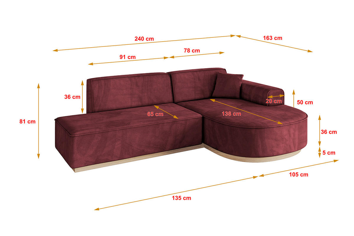 ECKSOFA Ottomane Rechts ARRIO-L1 - 243x171x83 cm Bordeauxrot - Bordeaux, Holzwerkstoff/Textil (243/171cm) - ALTDECOR