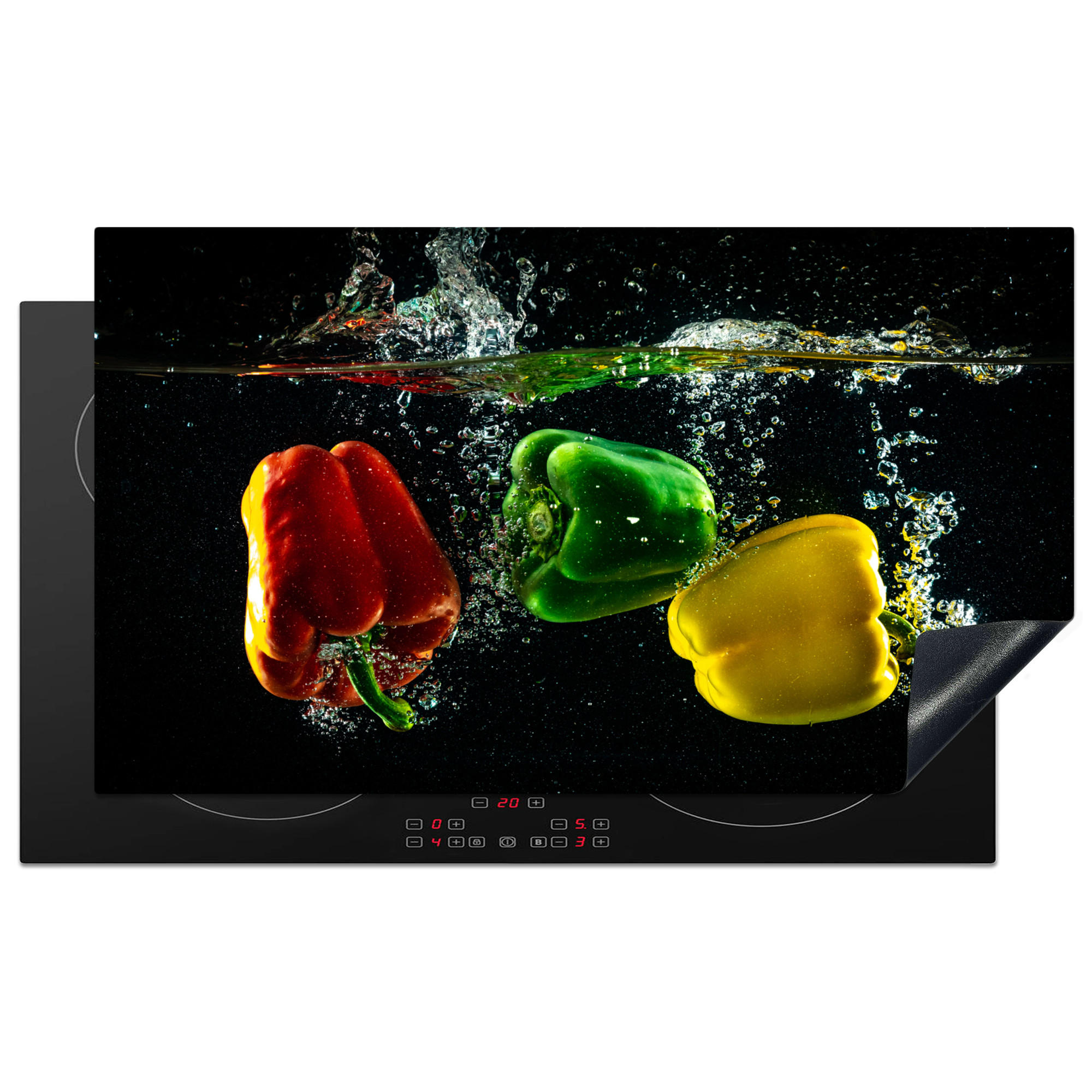 HERDABDECKPLATTE Paprika - Gemüse - Wasser - Schwarz - Rot - Grün - Gelb Induktionsschutz 91.2x52 cm - Multicolor, Kunststoff (91.2/52/0.2cm) - MuchoWow