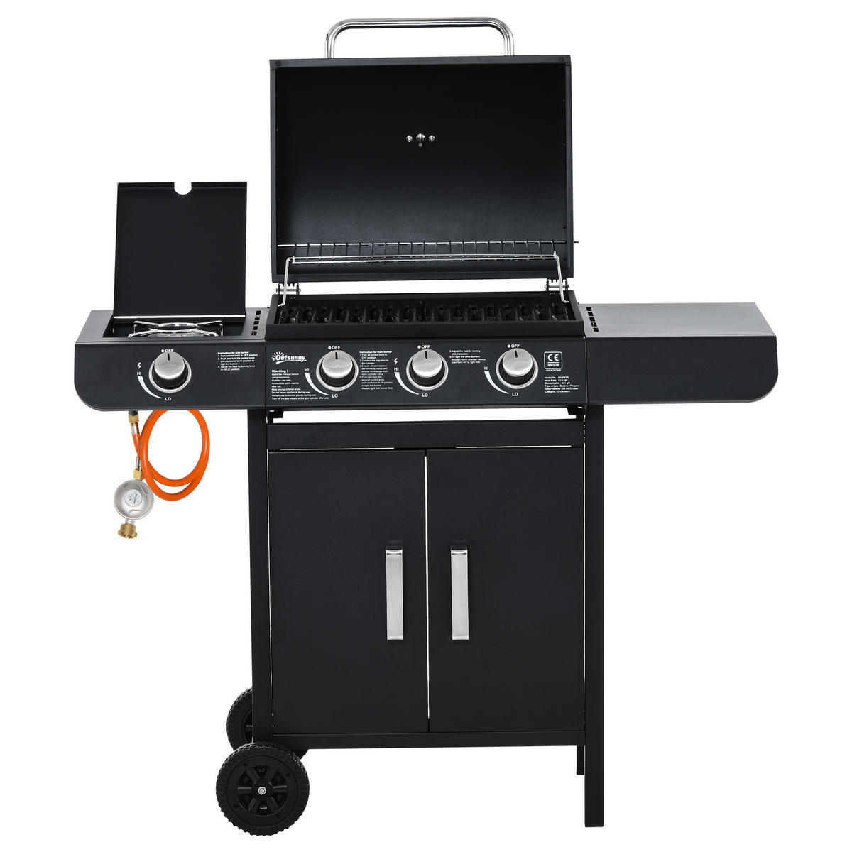 GASGRILL mit 3 Brennern 1 Seitenbrenner Stahl Schwarz 110 x 50 x 100 cm - Schwarz, Metall (50/100/110cm) - Outsunny