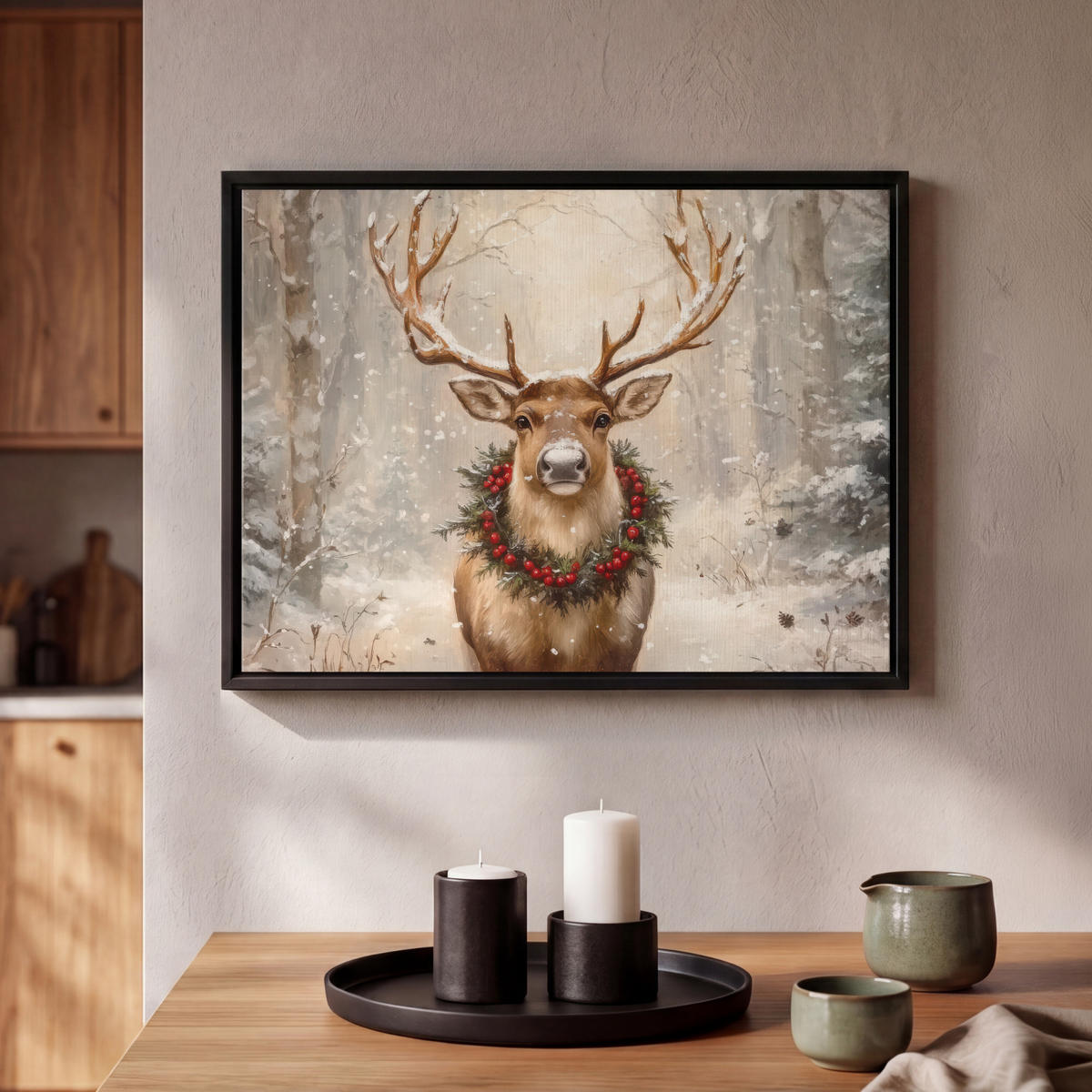 LEINWAND Bilder mit Rahmen - Weihnachten - Rentier - Winter - Kranz - 40x30 - Naturfarben, Textil (40/30cm) - MuchoWow