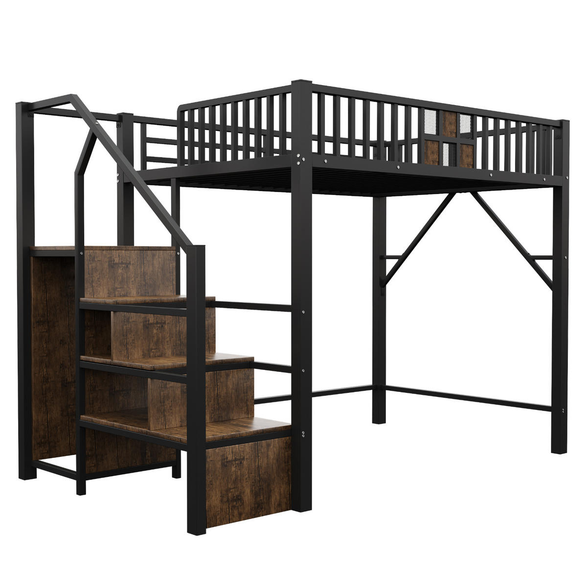 HOCHBETT 140/200 cm aus Metall und Holz mit Kleiderschrank und Schublade, Schwarz - Schwarz, Metall (140/200cm) - OKMYHOME