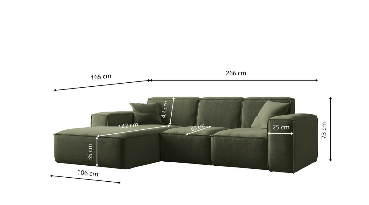 ECKSOFA L-Form Siena Stoff Maloy Grün Links - Grün, Holz (165/266cm) - Kaiser Möbel