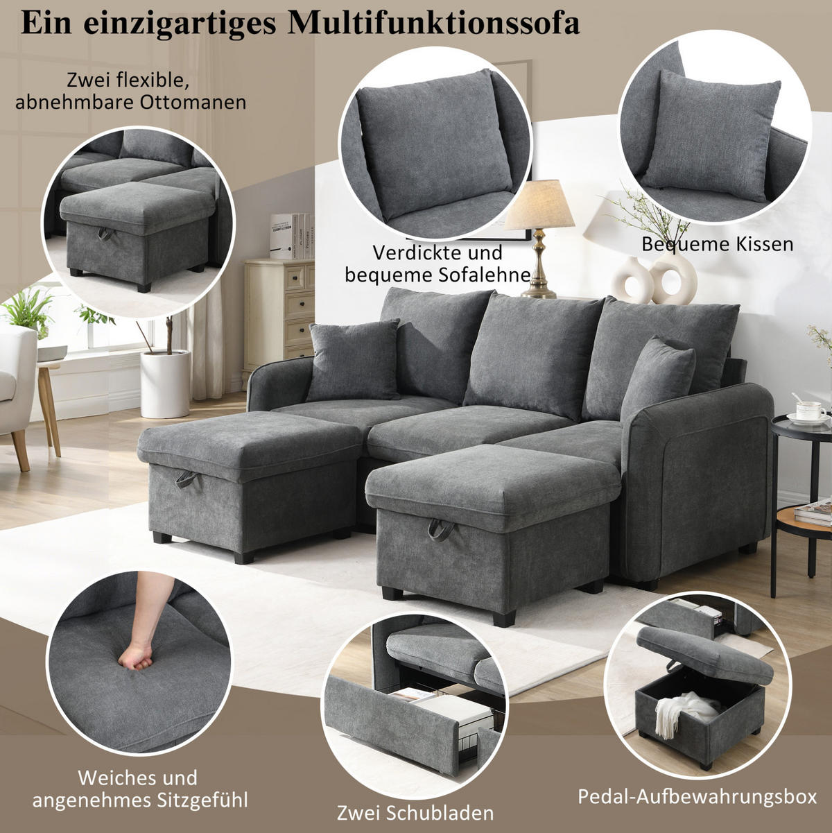 ECKSOFA U-Form Chenille mit Schlaffunktion und Stauraum 3-Sitzer und 2 Hocker 188/186/86 cm Dunkelgrau - Dunkelgrau, Kunststoff/Textil (186/188cm) - Redom