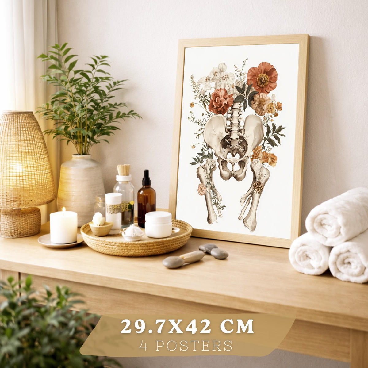POSTER Set aus 4 Anatomie Drucke und Wandbilder mit Herz Nieren Schädel und Becken Botanischer Stil Medizinische Wanddekoration Größe Rahmenlos A4 - Klar, Papier (21/29.7/3cm) - Nacnic