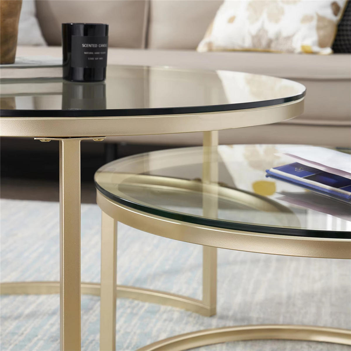 COUCHTISCH rund Glas Metall 2-in-1 Sofa Tisch modern - Goldfarben, Glas (60/60/45cm) - Kaket