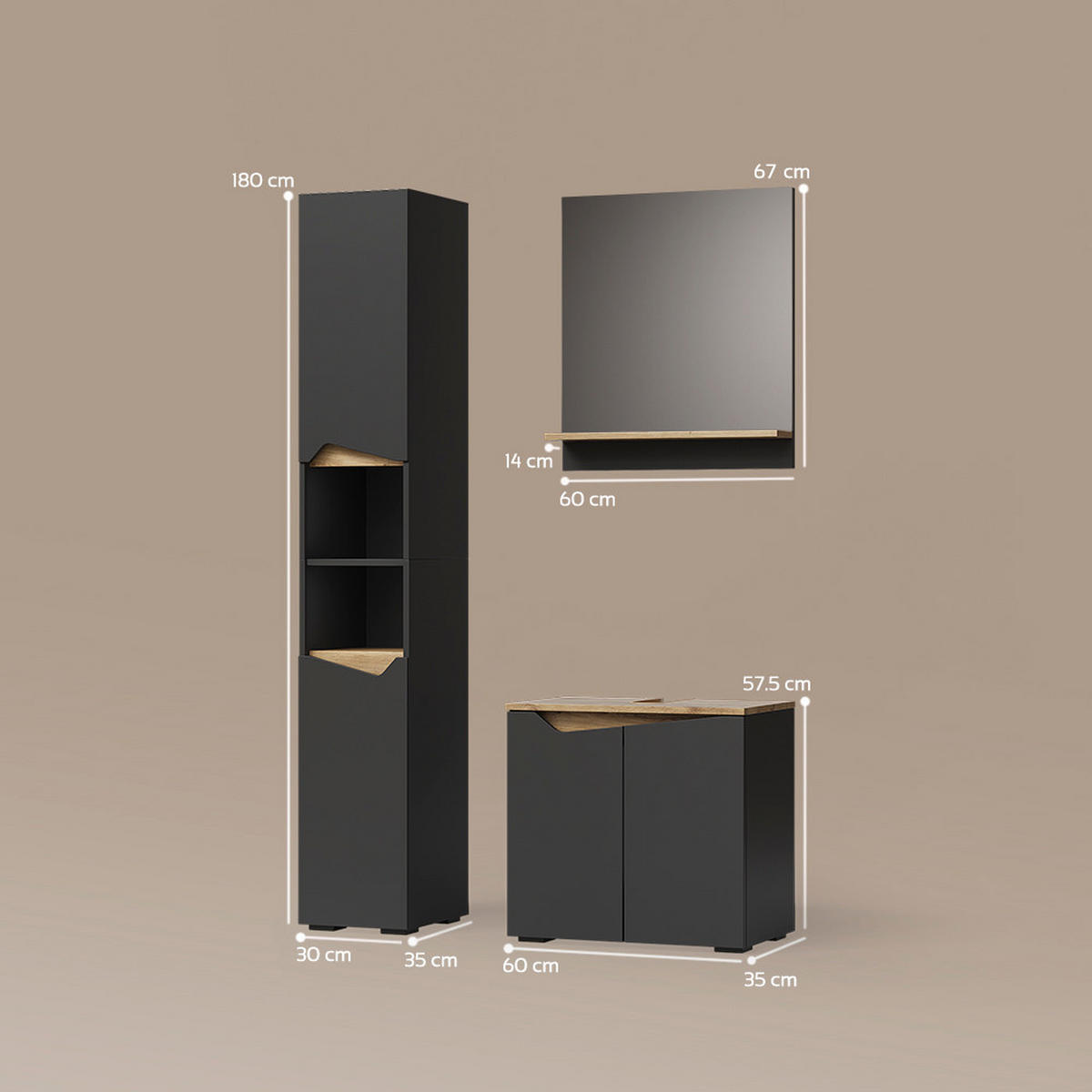 BADMÖBEL-KOMBINATION Timavo Anthrazit 3 Teile, mit Hochschrank - Anthrazit/Eiche Artisan, Holzwerkstoff (60/57/35cm) - Livinity®