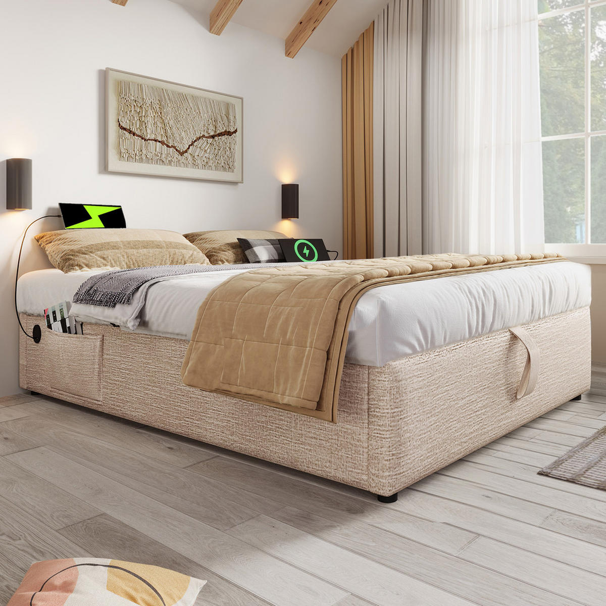 POLSTERBETT 160x200cm Doppelbett Stauraumbett mit USB-C & Lattenrost Natürlich - Beige, Holz - FLIEKS