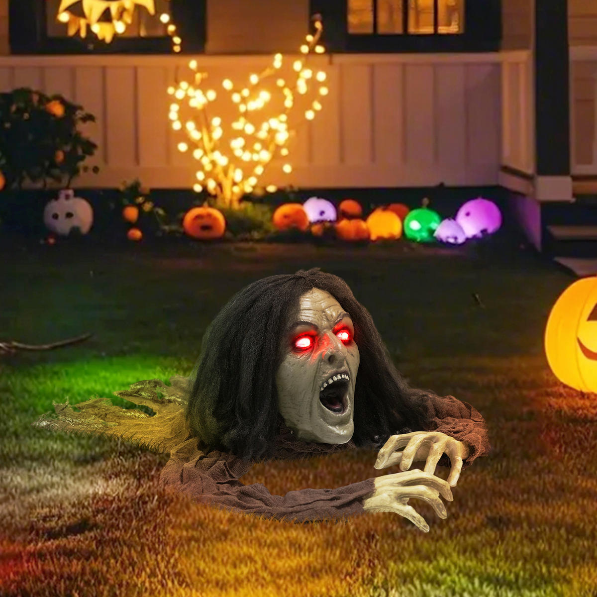 HALLOWEEN-DEKORATION kriechender Zombie 140 cm mit LED-Augen, Soundfunktion - Braun, Textil (60/20/140cm) - Outsunny