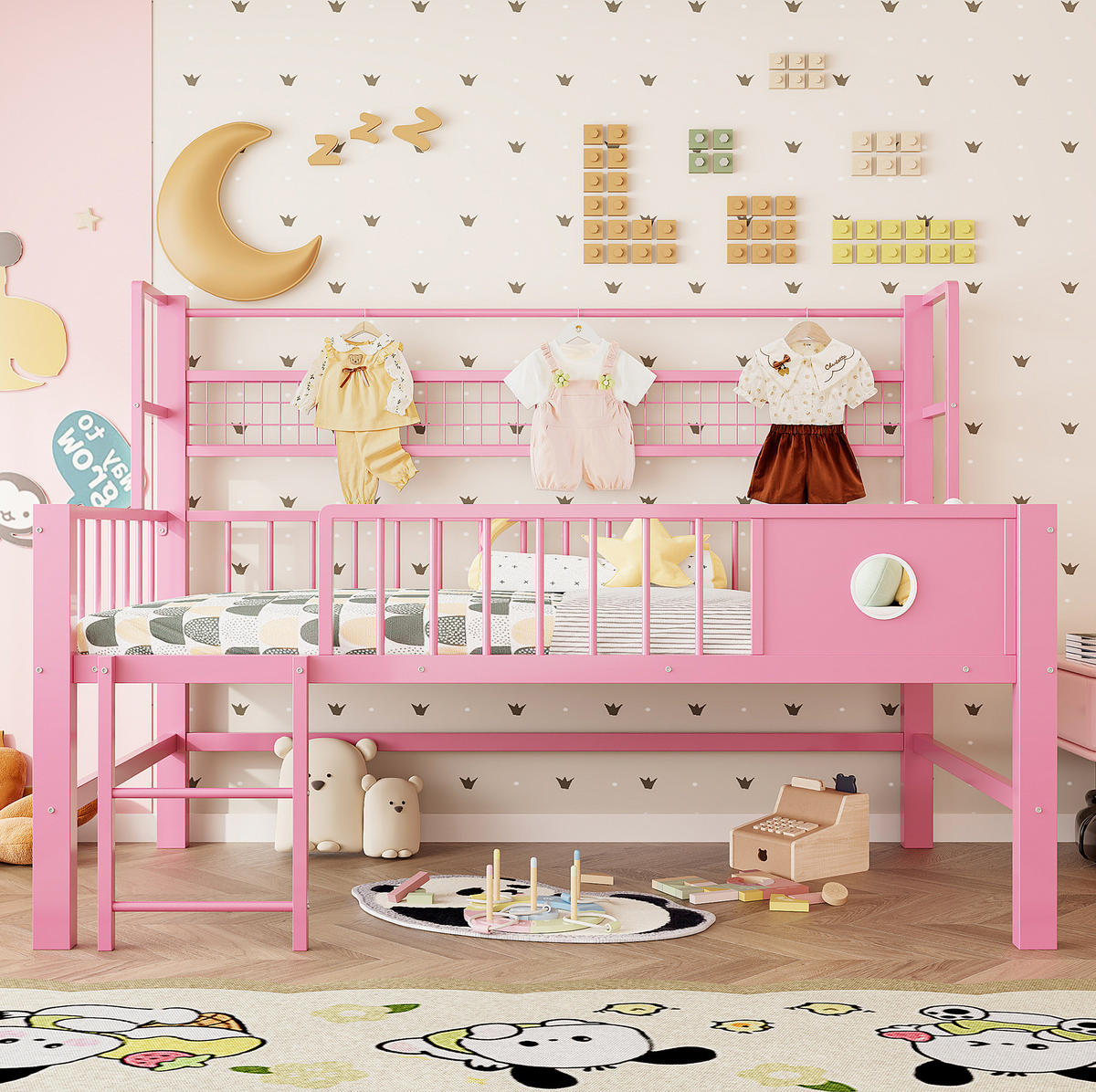 KINDERBETT 90/200 cm aus Metall in Rosa mit Stauraum und Kleiderstange - Rosa, Metall (90/200cm) - Flora Grace