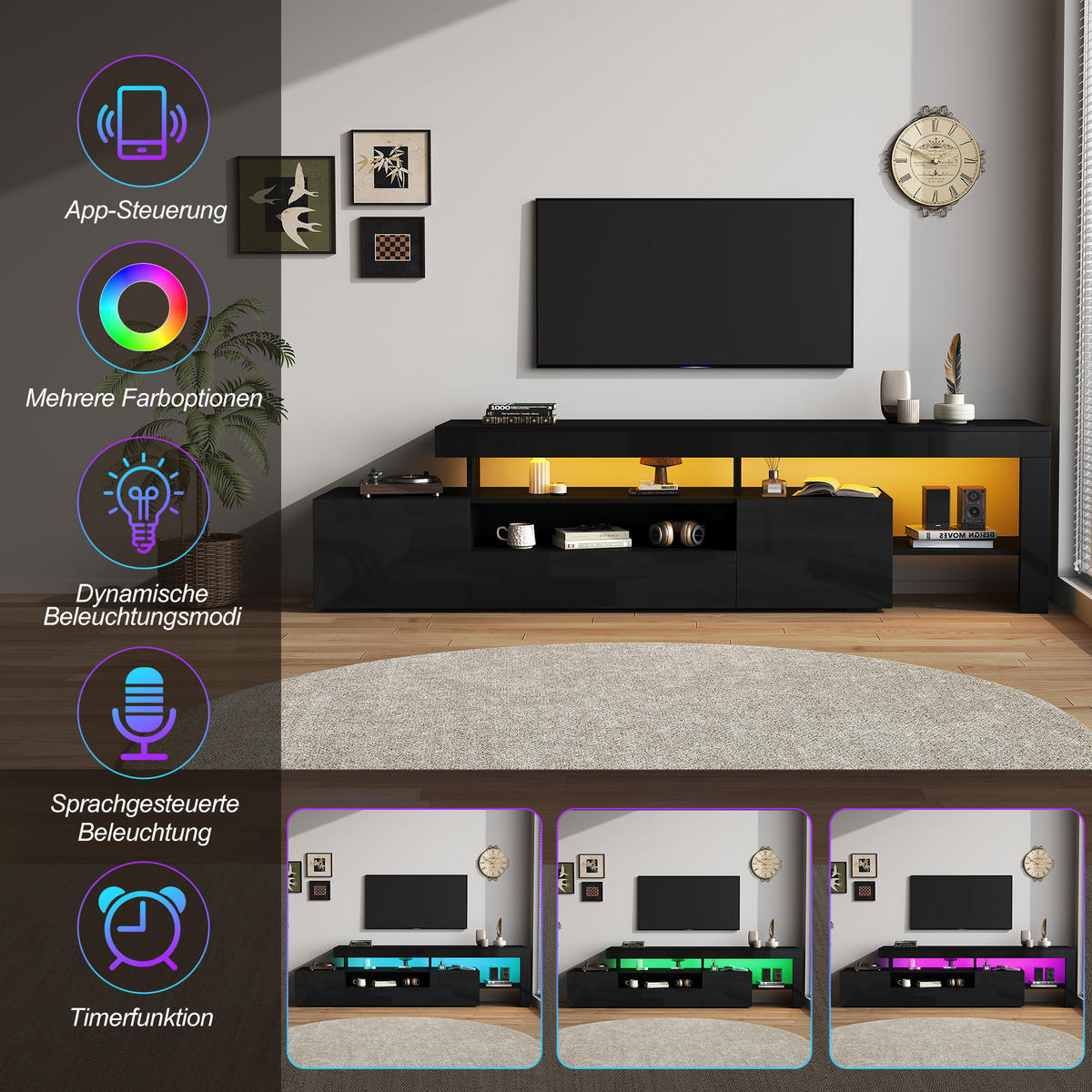 TV-SCHRANK 192/37/53 cm Schwarz mit LED und 3 schränke - Schwarz, Holzwerkstoff (192/53/37cm) - Oxeza