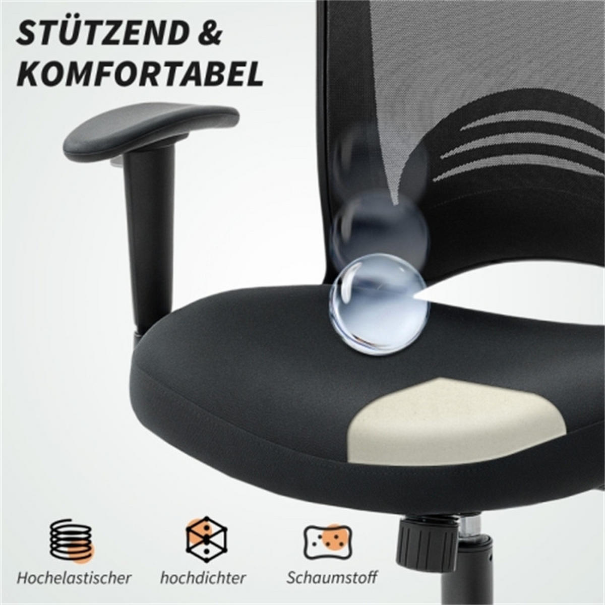 DREHBARER Bürostuhl Ergonomisch Schwarz, höhenverstellbar & drehbar, Metall-Netzstoff-Bezug, 65 x 59 x 102,5 cm - Schwarz, Kunststoff (65/102.5/59cm) - Albatros