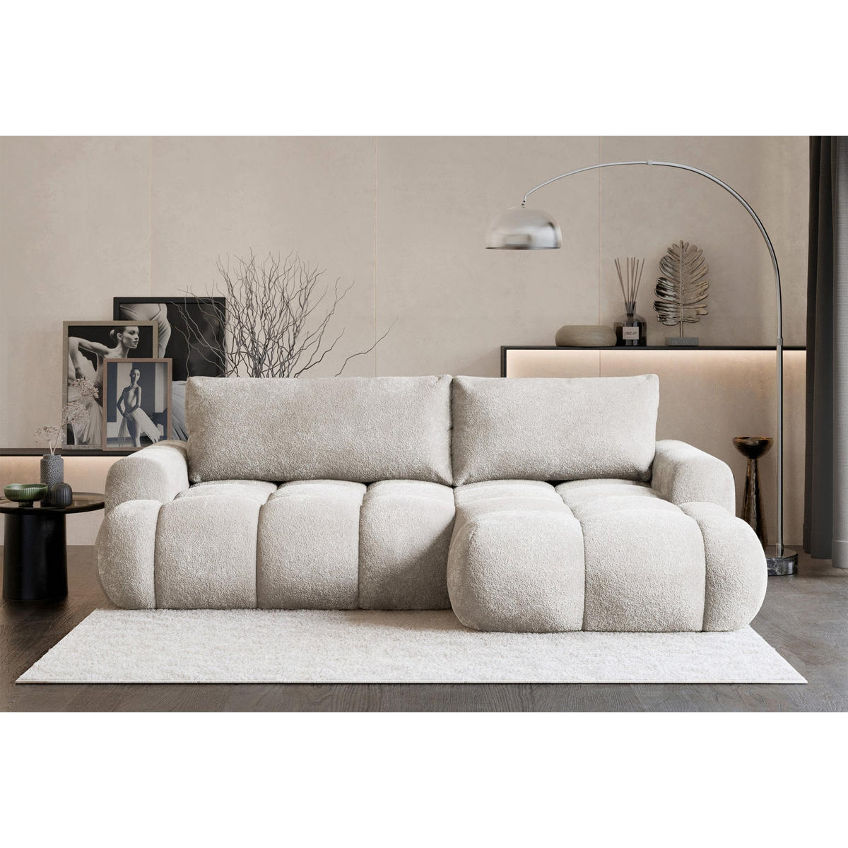 ECKSOFA Ombo Mini, Graubeige Bouclé, rechtsseitig - Taupe/Schwarz, Kunststoff/Textil (155/246cm) - Selsey