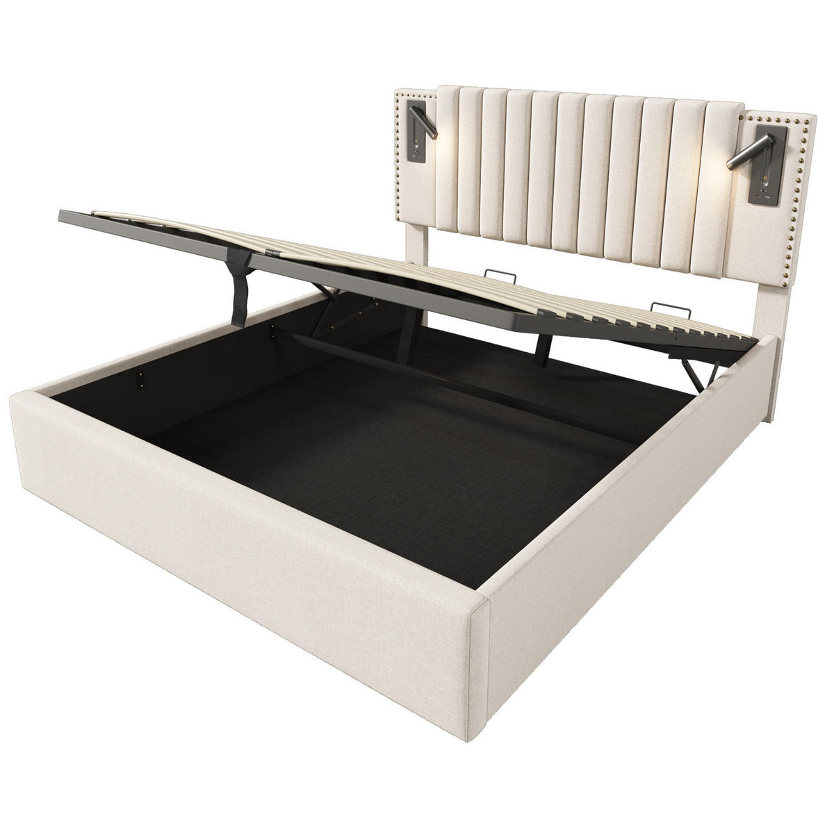 TAPECIRANI krevet od pamuka 160x200 cm bež s podesivim uzglavljem, LED svjetlom, USB/USB-C priključcima i spremištem - bež, tekstil (160/200cm) - Modfu