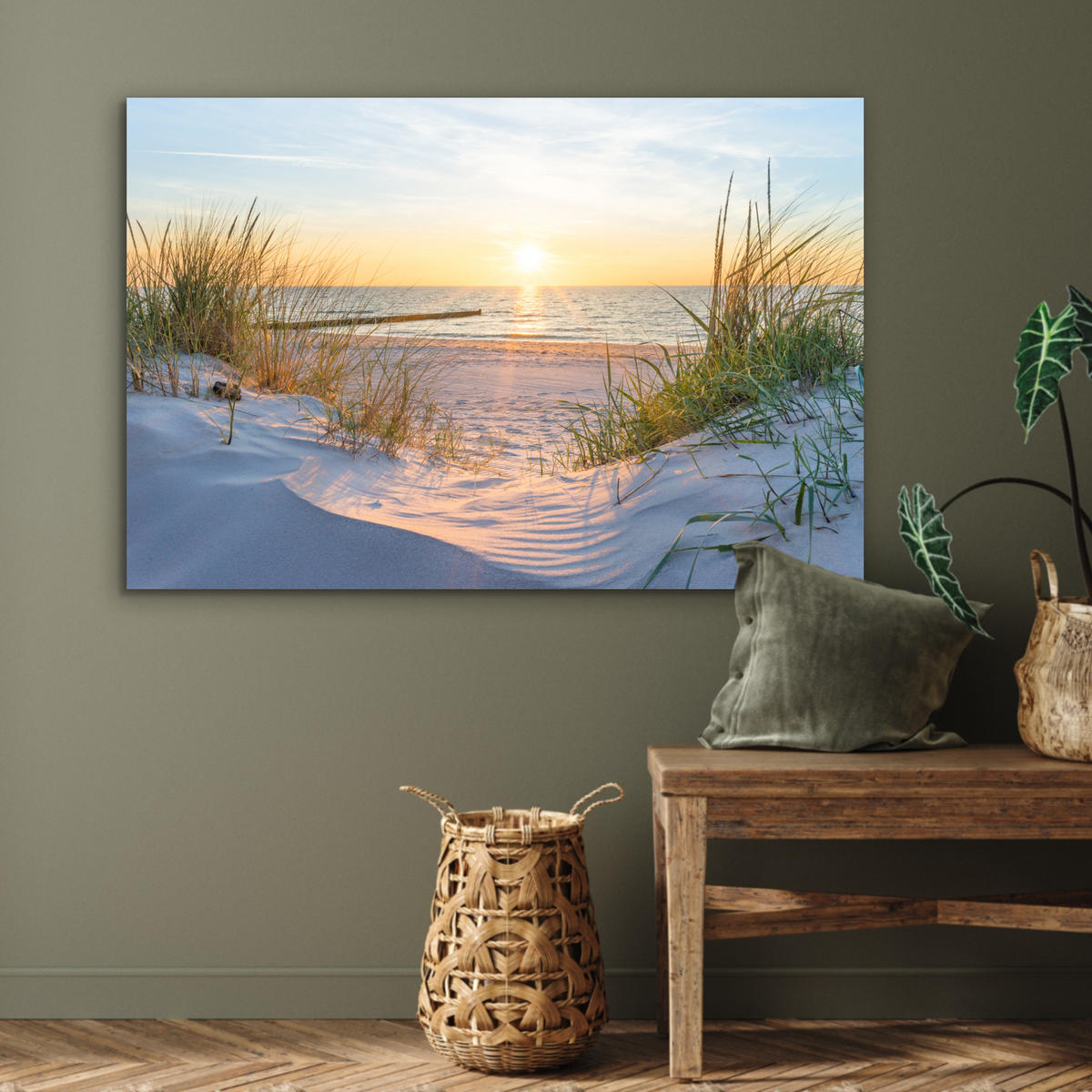 METALLBILD Strand - Sonne - Düne - Gras - Sand - Horizont 120x80 cm - Hellblau, Metall (120/80cm) - MuchoWow