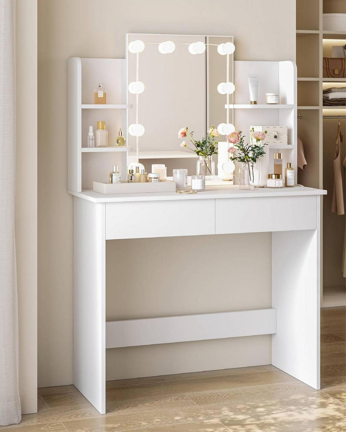 SCHMINKTISCH mit LED-Beleuchtung 90 cm Weiß - Weiß, Glas/Holzwerkstoff (90/40/135cm) - Woltu