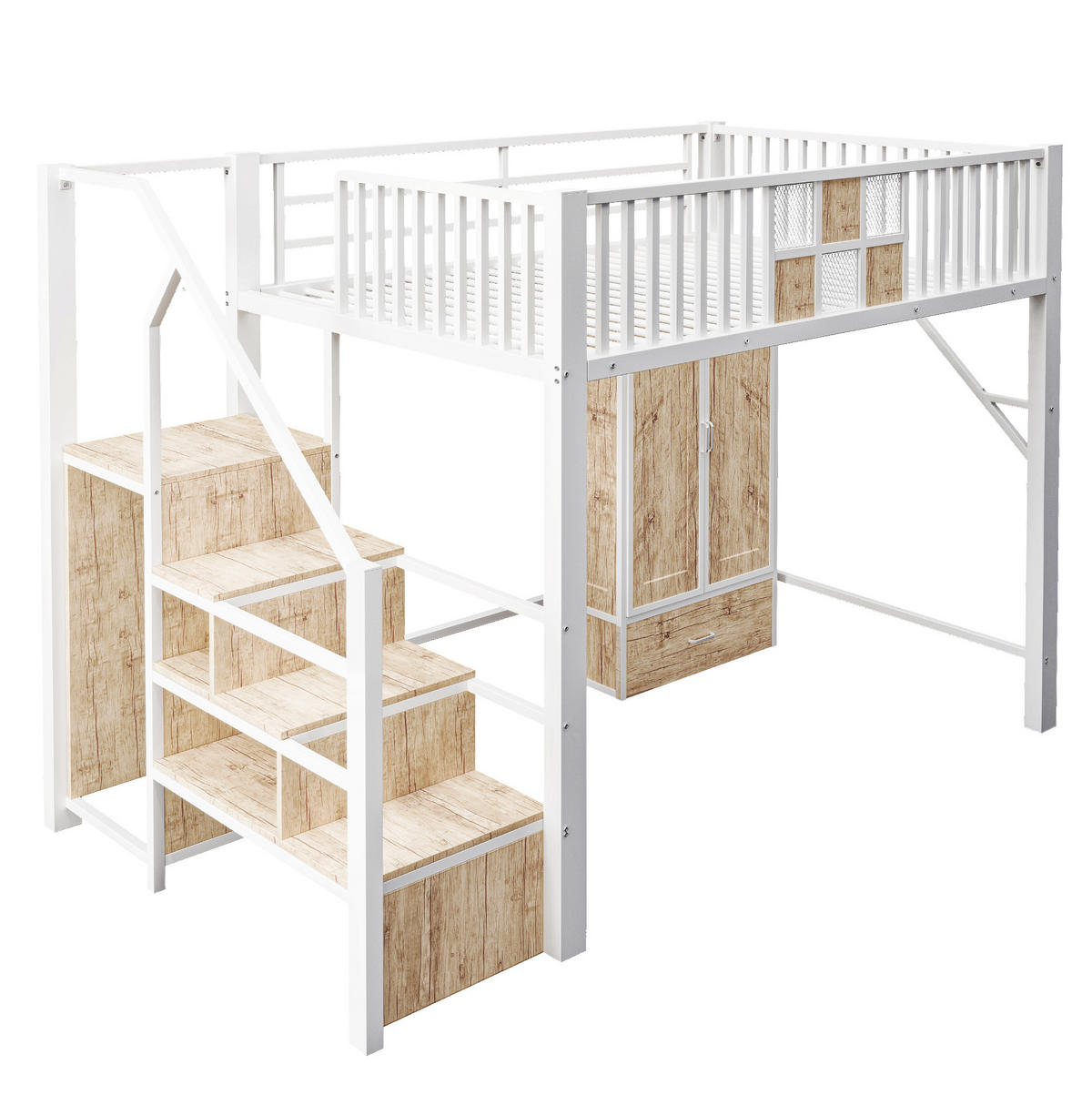 HOCHBETT 140/200 cm Weiß mit Kleiderschrank, Schublade und Aufbewahrungsleiter - Weiß, Metall (140/200cm) - MIVRAY