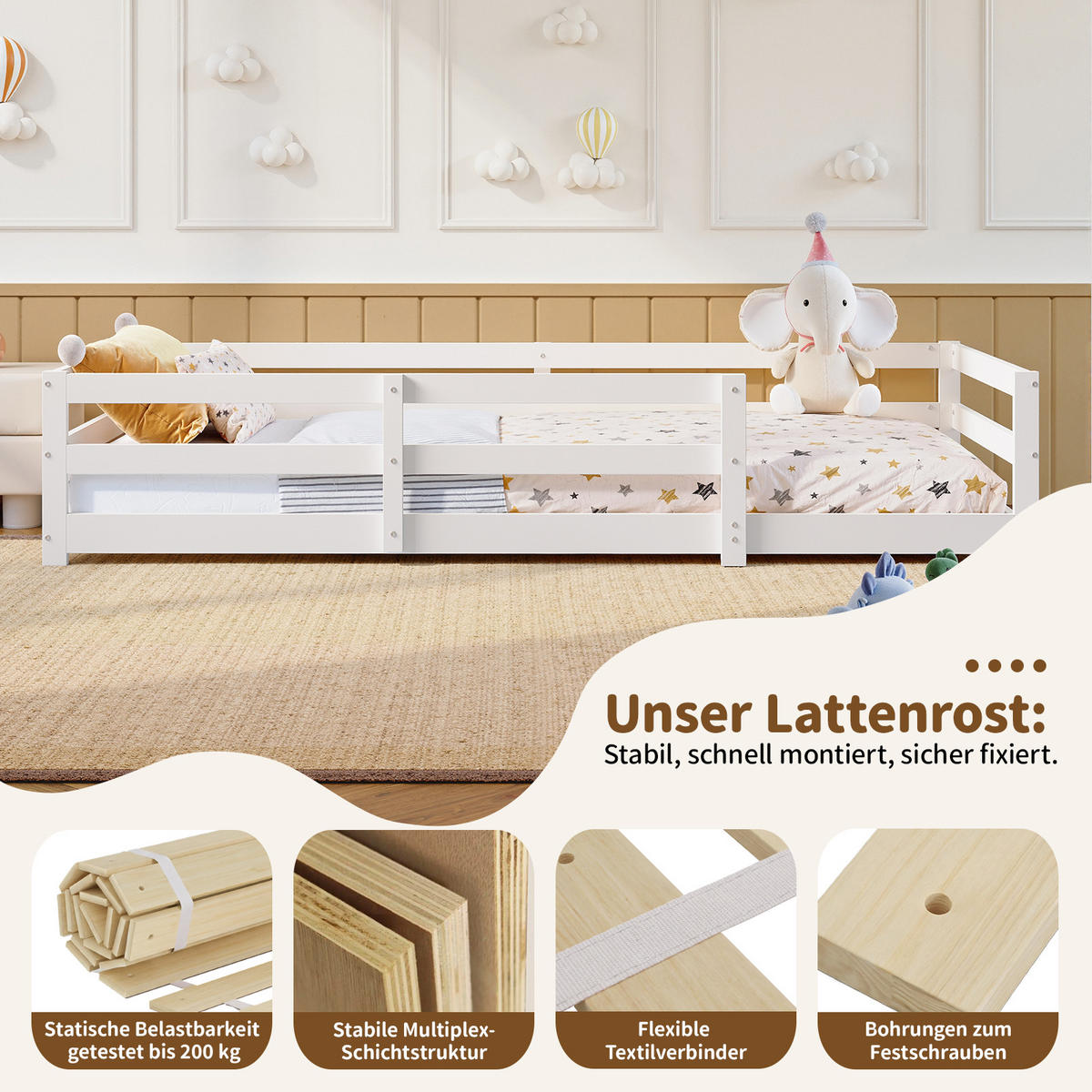 KINDERBETT 90/200 cm in Weiß aus Kiefernholz mit Schutzgitter - Weiß, Holz/Holzwerkstoff (90/200cm) - WISHDOR