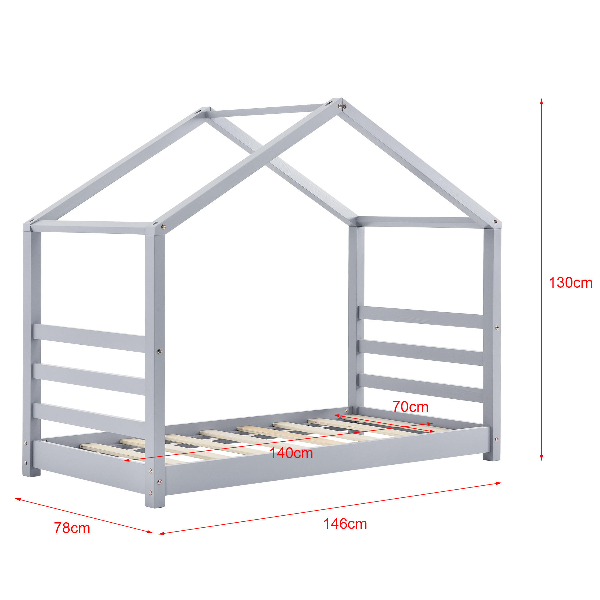 Thumbnail - [en.casa] Hausbett, Grau, Holz, Kiefer, 70x140 cm, Kinder- & Jugendzimmer, Kindermöbel, Kinderbetten, Hausbetten