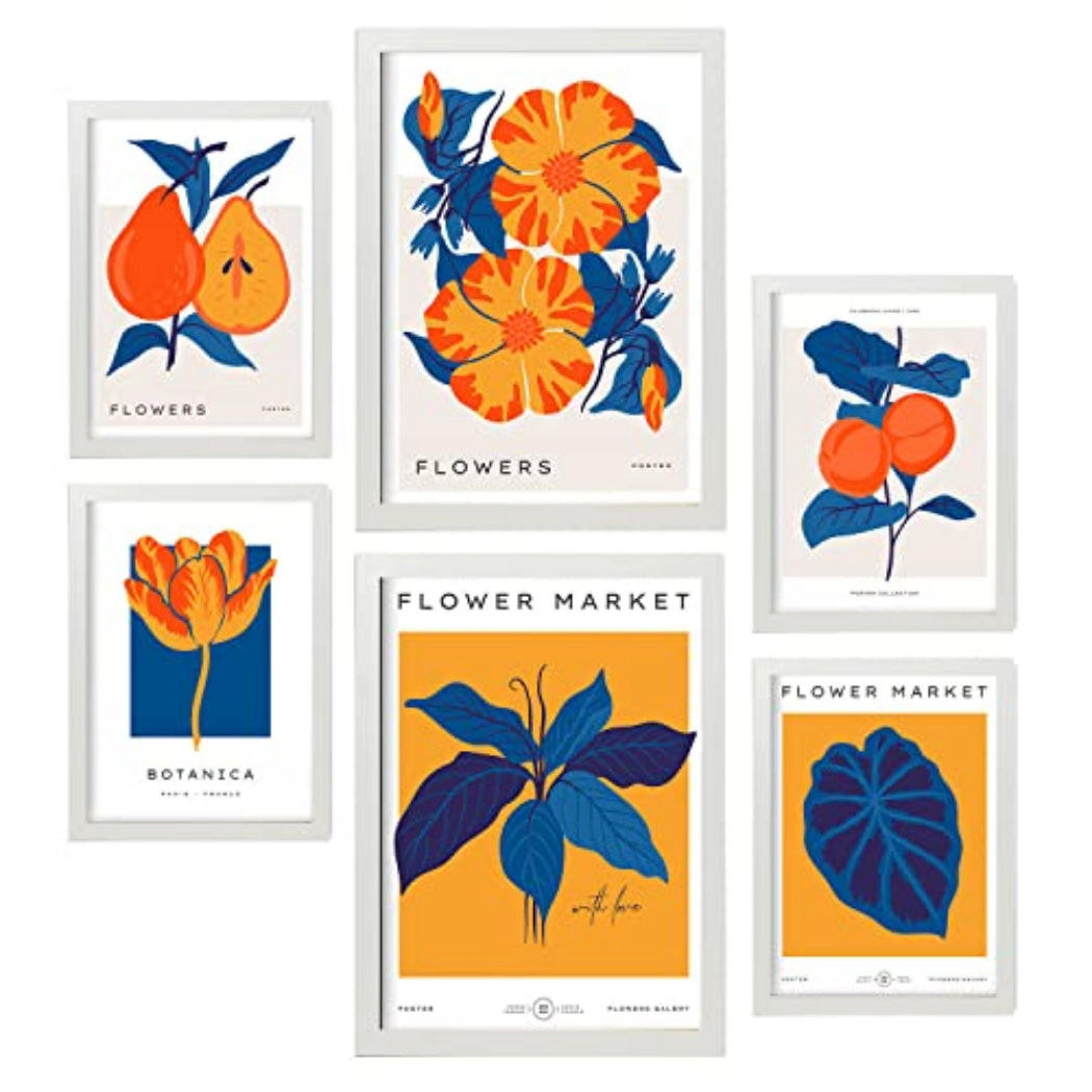 POSTER Set Mit 6 Blumen Oranger Dschungel Natur Und Botanikdrucke Für Innenarchitektur A3 & A4 Weißer Rahmen - Weiß, Papier (29/3cm) - Nacnic