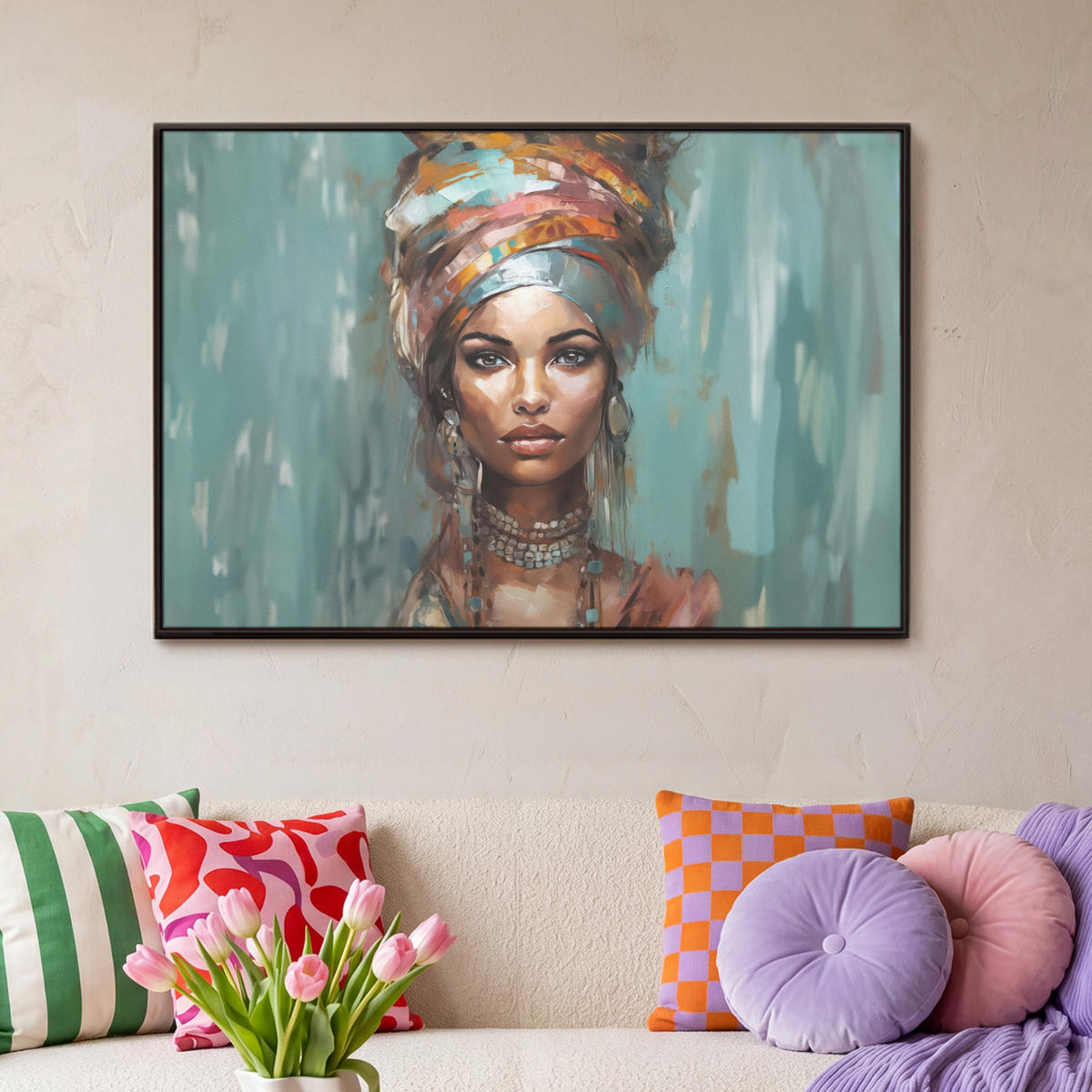 LEINWAND Bilder mit Rahmen - Frau - Kunst - Schmuck - Porträt - 90x60 - Blaugrau, Textil (90/60cm) - MuchoWow