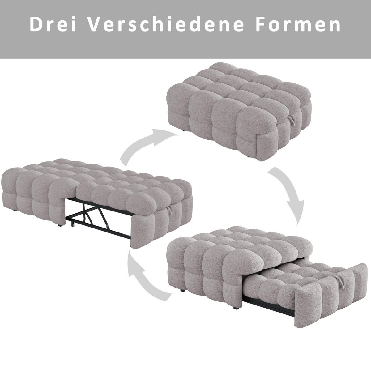 BETT aus Teddy 90x180 cm Grau, ausziehbar und platzsparend im 2-in-1-Design - Grau, Textil (70/180cm) - Modfu