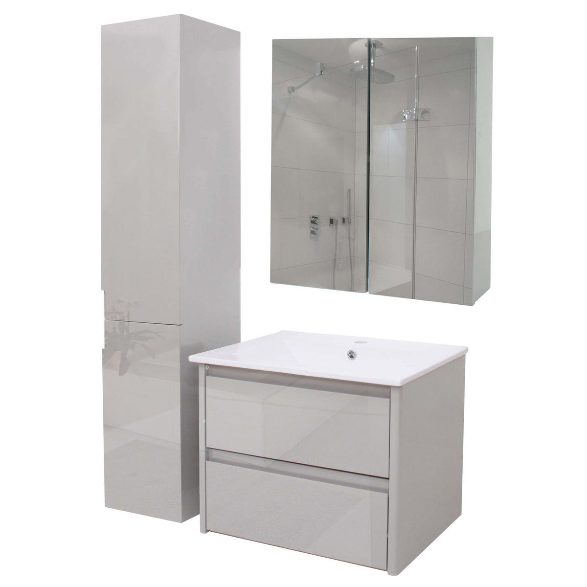 BADEZIMMERSET B19B Hochglanz Grau - Grau, Holz (61/150/47cm) - MCW