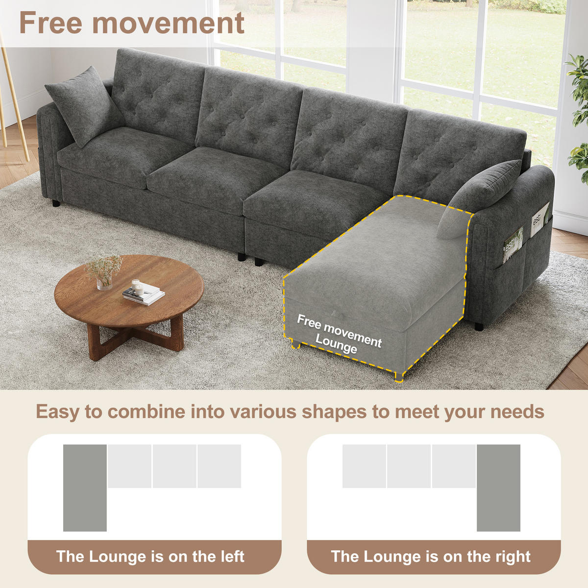 SOFA Grau L-Form Samt Stauraum Armlehne 281cm Knopfheftung - Grau, Textil (132/86/281cm) - FLIEKS