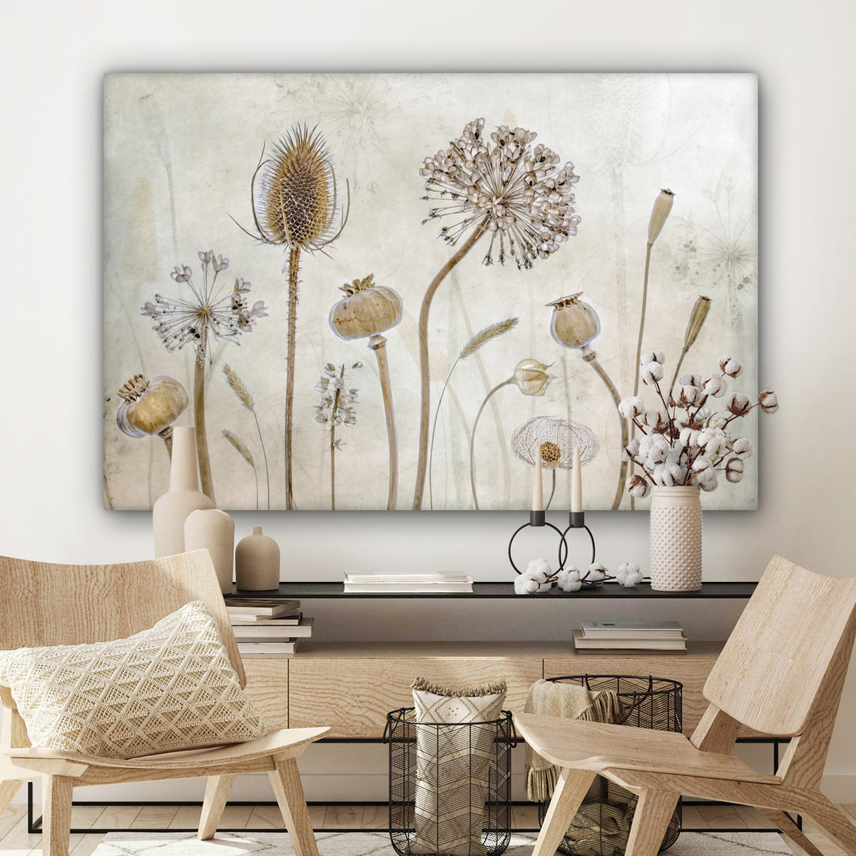 LEINWANDBILD Blumen - Aquarell - Stilleben - Braun - Vintage Wohnzimmer Groß 120x80 cm - Beige, Textil (120/80cm) - MuchoWow