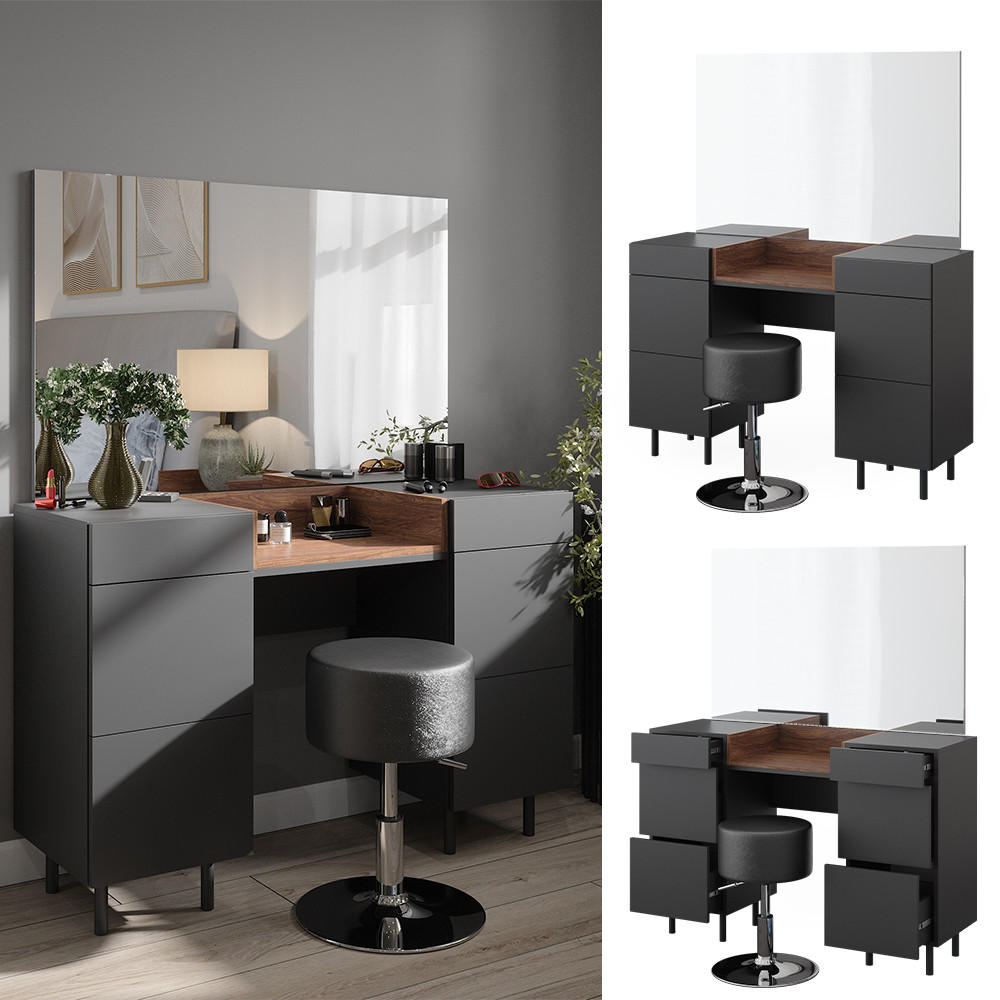 SCHMINKTISCH Anika Anthrazit 120 cm mit Hocker - Anthrazit/Walnussfarben, Holzwerkstoff (120/80/40cm) - Vicco