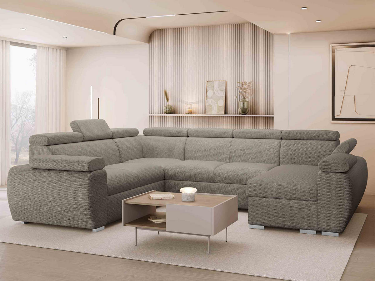 WOHNLANDSCHAFT Boston U, Seite: Rechts - 2R+R+2P+LC - Chromfarben/Hellbraun, Holz/Textil (325/98/260cm) - MIRJAN24