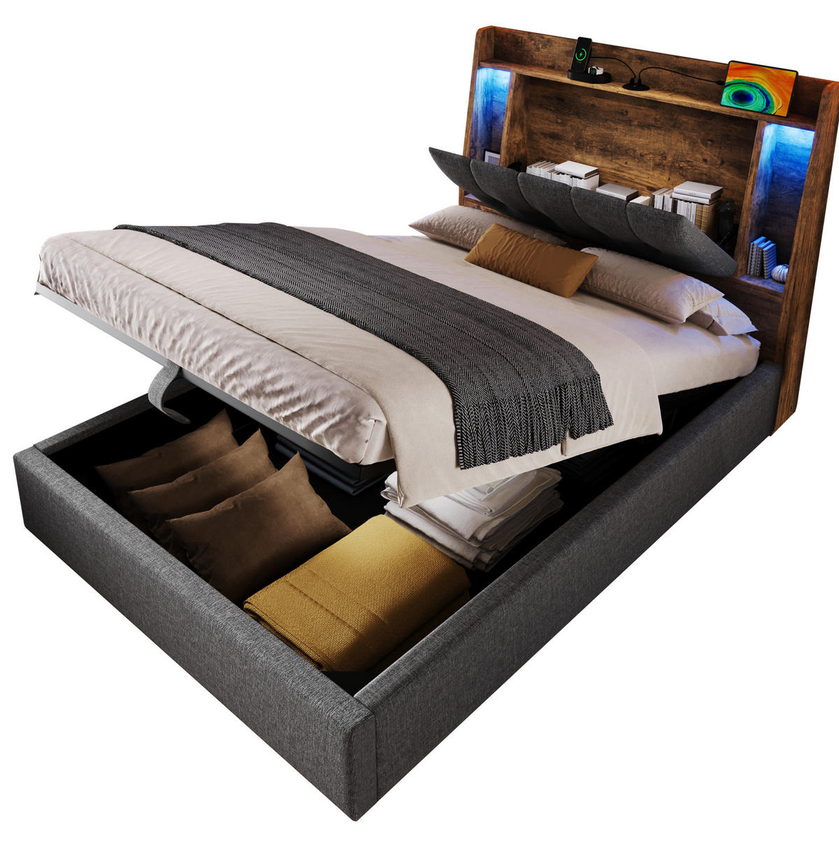 POLSTERBETT 90/200 cm Grau mit Stauraum, LED-Beleuchtung und USB-Anschlüssen - Grau, Textil (90/200cm) - Flora Grace