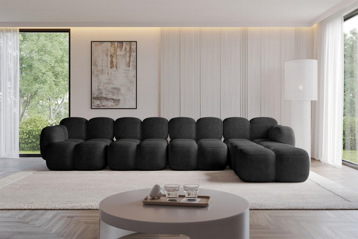 ECKSOFA modulares Sofa Rechts Miko-L3 390x205x75 Schwarz Velours - Schwarz, Holzwerkstoff/Kunststoff (390/205cm) - ALTDECOR