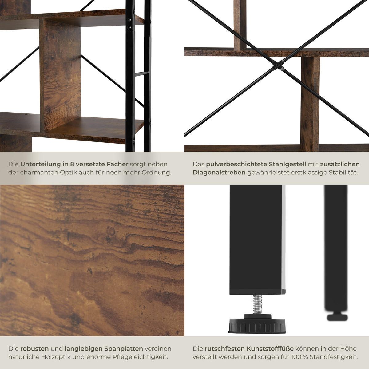 REGAL Charleston,inklusive Kippschutz, 75,5 x 30 x 155 cm,Industrial Holz dunkel, rustikal - Rostfarben, Holzwerkstoff (30/155/75.5cm) - tectake