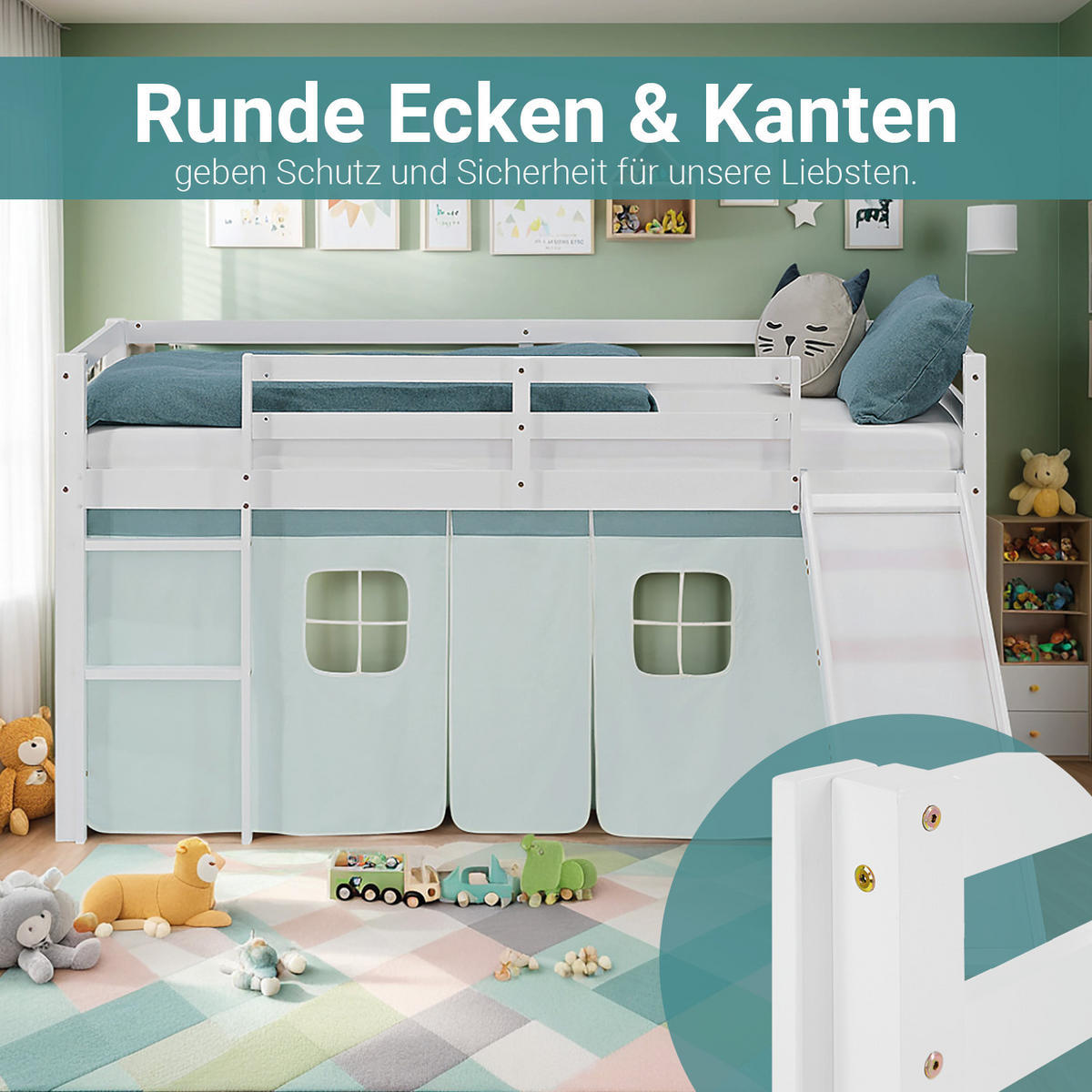 HOCHBETT 90/200 cm Weiß Rutsche Mint / Kiefer - Weiß/Mintgrün, Holz/Textil (90/200cm) - Homestyle4u