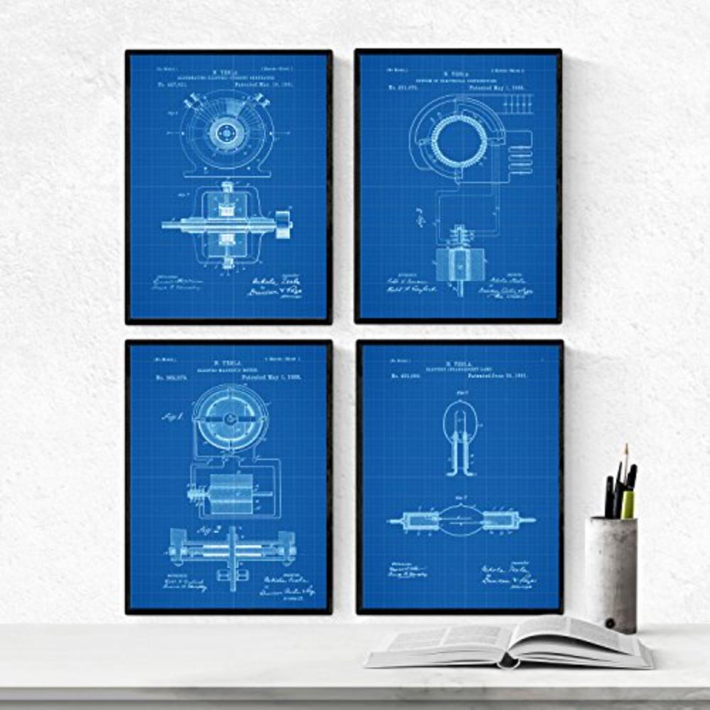 POSTER Set mit 4 Blau Patenten Strom A4 Rahmenlos - Klar, Papier (29.7/3cm) - Nacnic