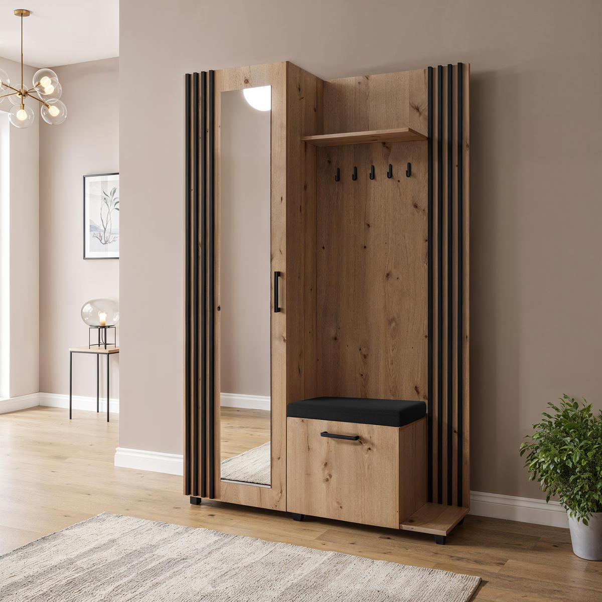 GARDEROBENSCHRANK ARMADIO 137/207/42 cm Modern Garderobe-Set Eiche Artisan - Schwarz/Eiche Artisan, Holzwerkstoff (137/207/42cm) - MASSENO