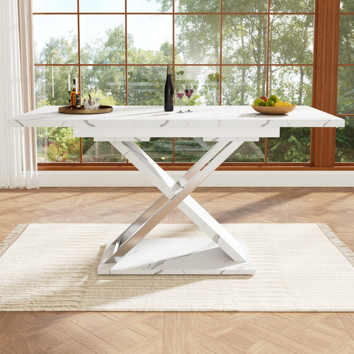 JEDÁLENSKÝ stôl 118/157/75 cm biela MDF s kovom, rozkladací - biela, kompozitné drevo (118/75/76.4cm) - BEAOK