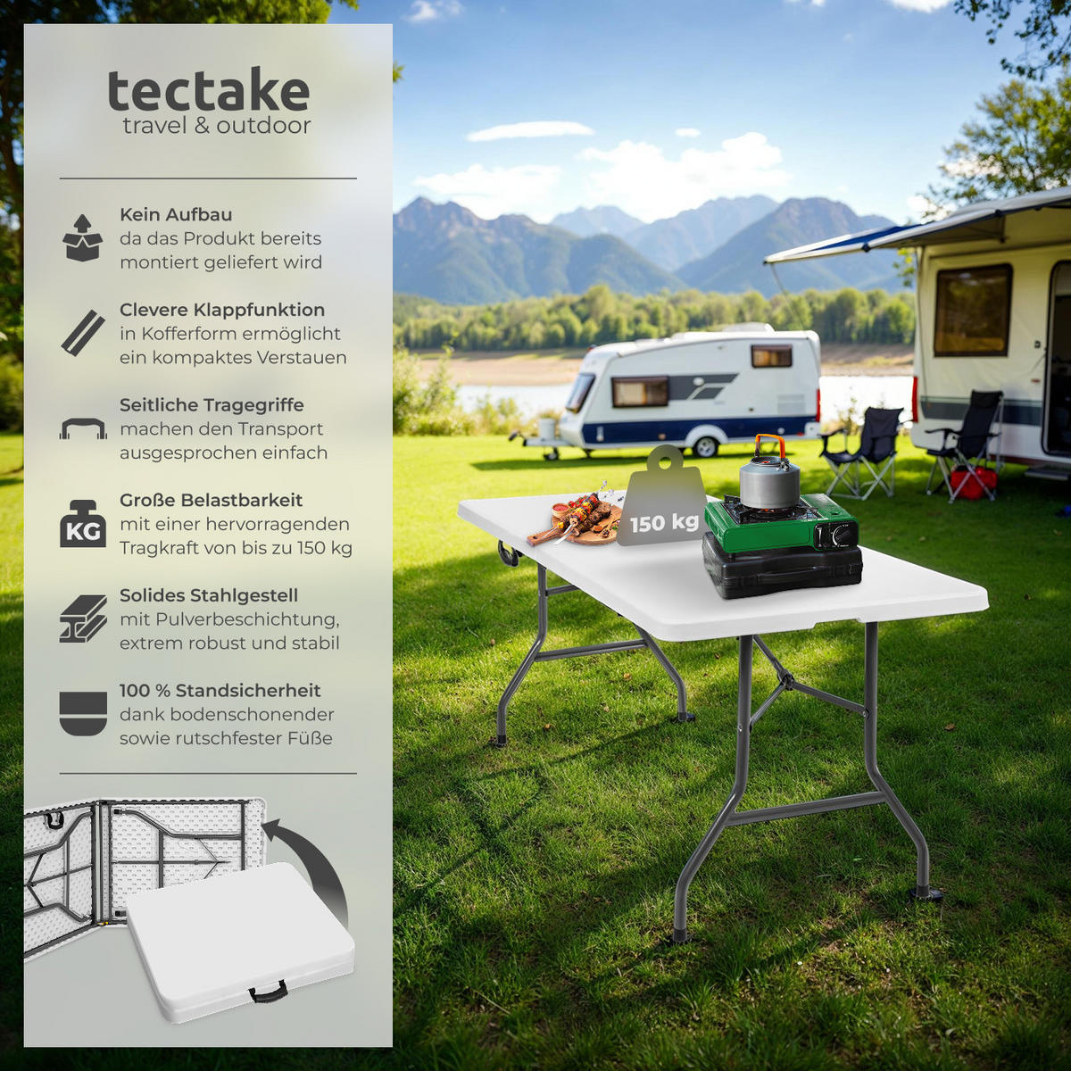 CAMPINGTISCH ,183 x 76 x 74 cm,weiß - Weiß, Kunststoff (183/76/74cm) - tectake